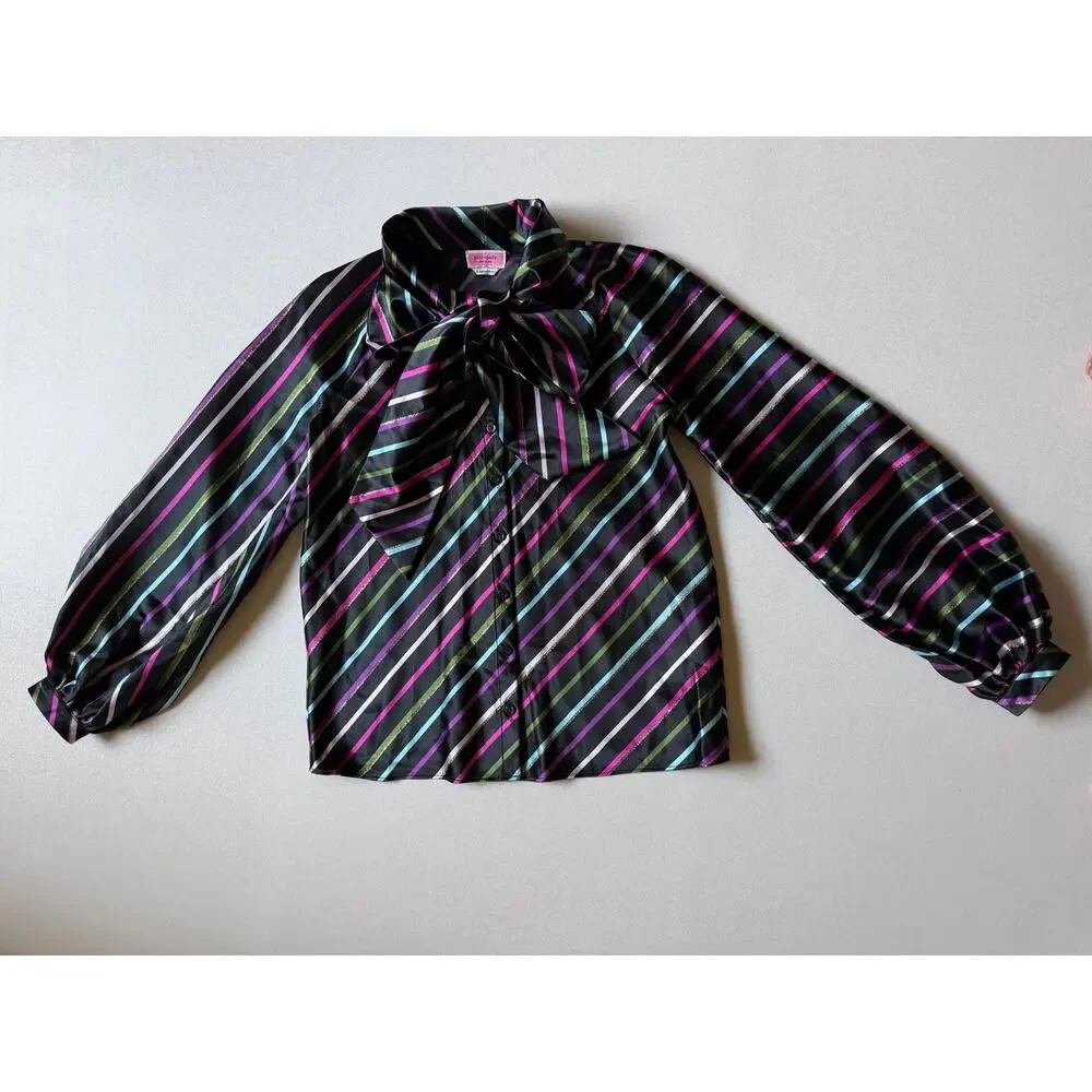 Kate Spade Women's Black Multi Party Stripe Tie-Neck Blouse Size XS